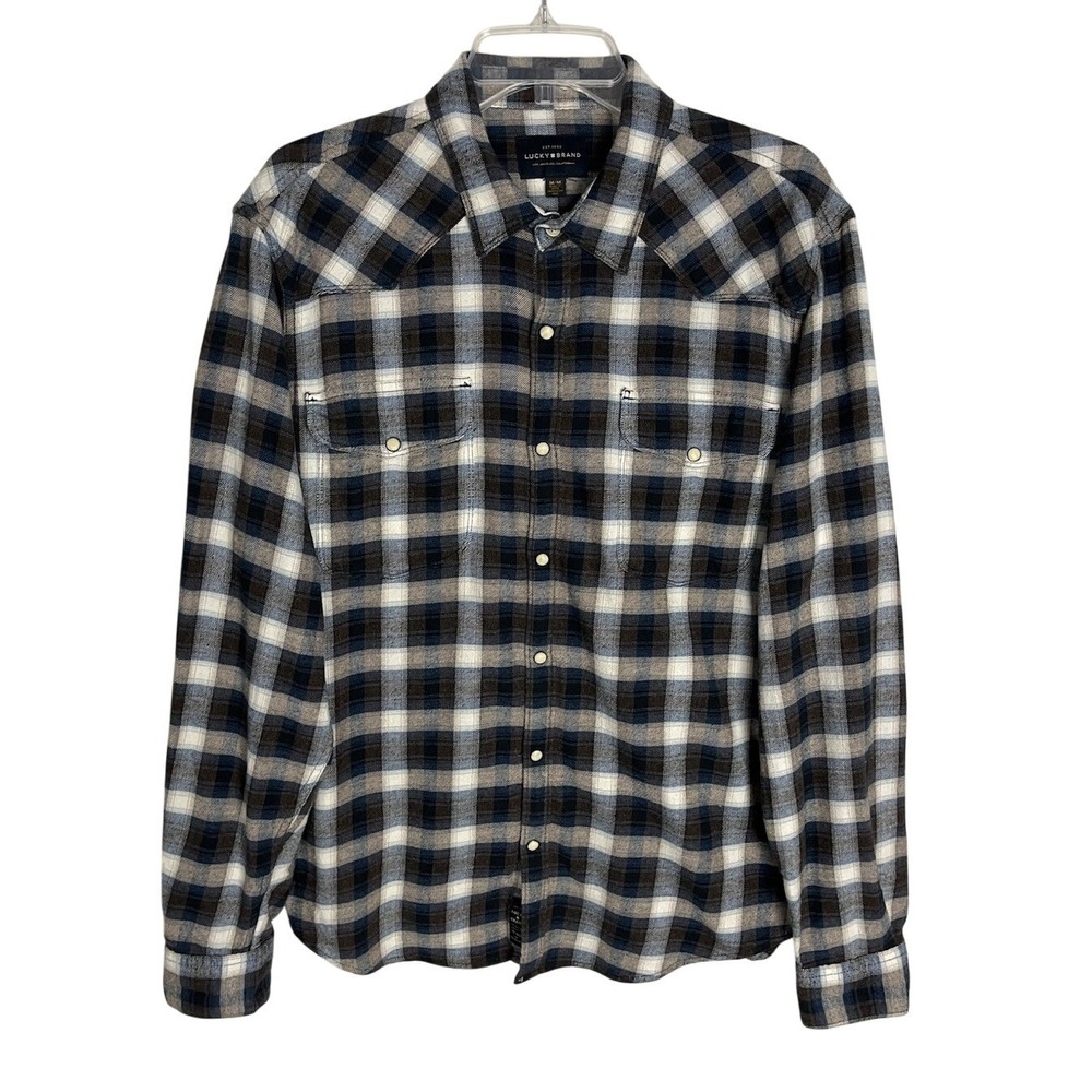 Lucky Brand Flannel Pearl Snap‎ Shirt Mens Size M Blue Brown Plaid Long Sleeve